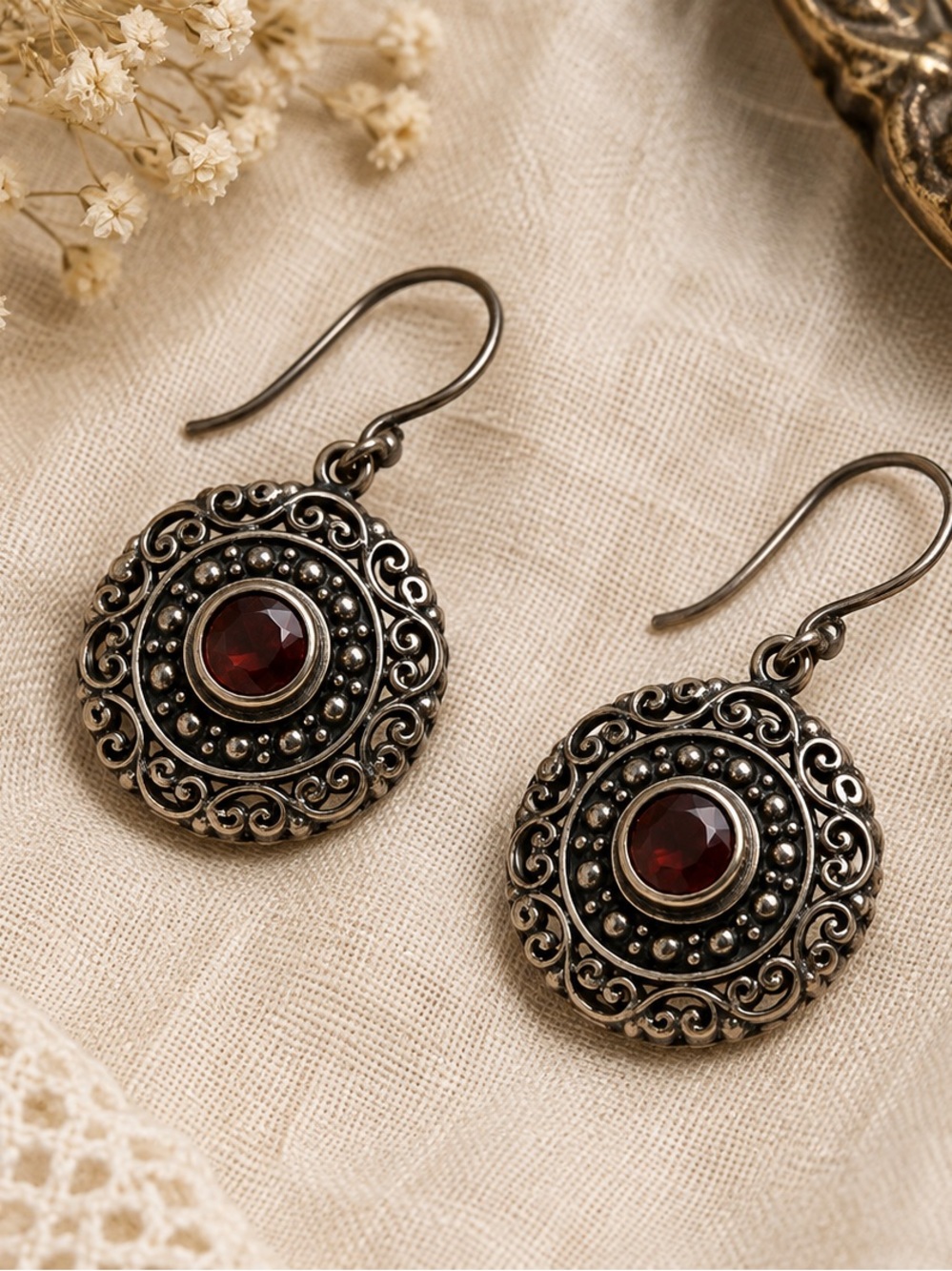 NOVICA 925 Garnet Filigree Medallion Drop Earrings
